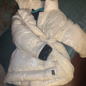 New designer belted shiny puffer coat